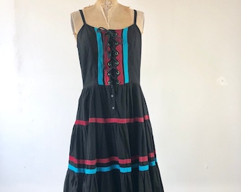 Sweet 1970’s Starina Indian Black Cotton  Sun Dress M