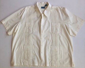 1980s Pale Yellow Guayabera XL