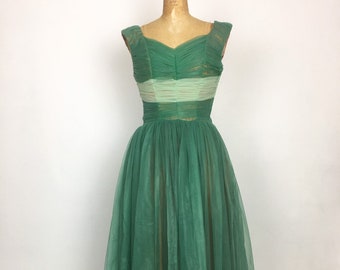 1950s Green Ruched Sheer Nylon Party Dress S