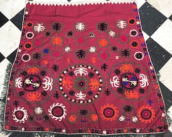 Antique Suzani Embroidered Fringed Curtain Tapestry