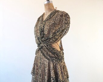 SEXY 1980’s Climax Gold Lace Draped Tiered Dress S