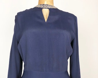 Gorgeous 1940's Navy Rayon Crepe Dress W/ Beaded Neck S