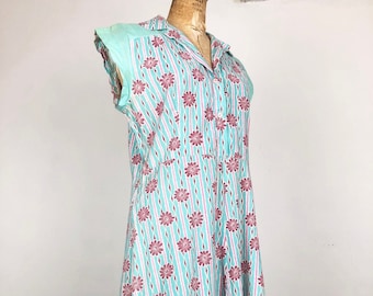 SWEETEST 1930’s Teal and Pink Floral Cotton Shirt Dress M