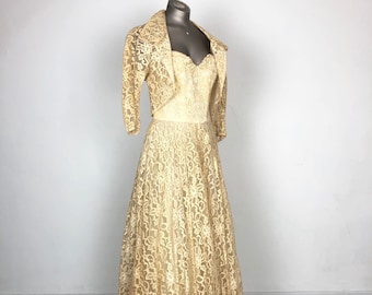 FABULOUS 1950s encaje de marfil sin tirantes conjunto de vestido S