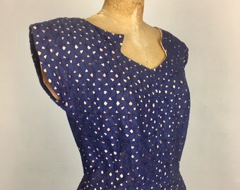 Fantastische jaren 1950 Navy katoen oogje jurk M