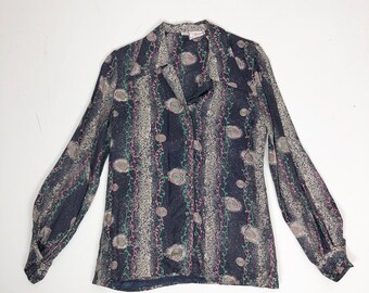 40s Style 1970s Novelty Printed Cold Rayon Blouse S