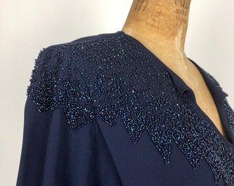 1940s Beaded Navy Rayon Crepe Dress L