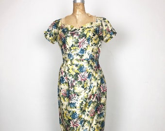 SMOKIN 1950s Floral Silk Cocktail Wiggle Dress M