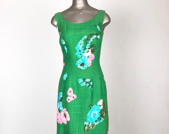 FABULOUS 1960s Green Floral Irish Linen Wiggle Dress XS