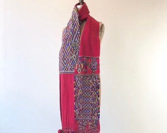 AMAZING 1950’s Guatemalan Embroidered Tapestry Scarf with Pom Pons