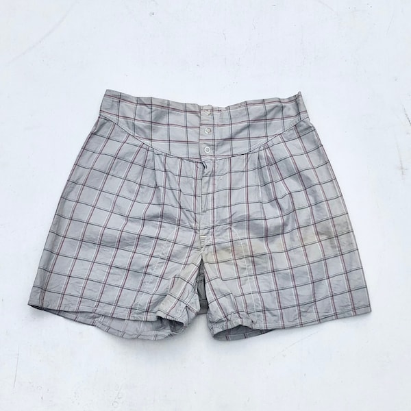 1940s Grey Plaid Cotton Boxer Shorts 29”