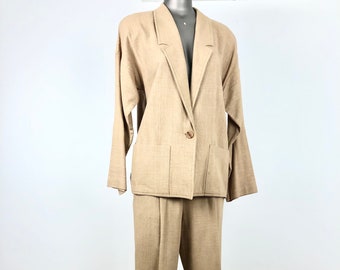 1990s Tan Linen Two Piece Pants and Jacket Suit S
