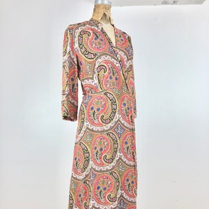 1940s Paisley Cold Rayon Wrap Front Dress M image 1