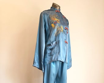 1940s Blue Satin Embroidered Dragon Pajama Set M