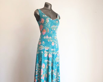 1970s Turquoise Floral Jersey Maxi Dress S