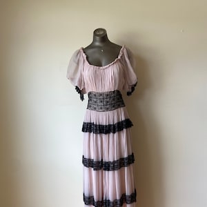 1940s Western Style Tiered Pink Maxi Dress w Lace S