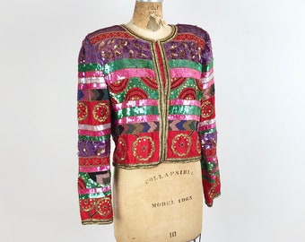 AMAZING 1980s Lawrence Kazar Colorful Sequined Silk Cropped Bolero Jacket S M