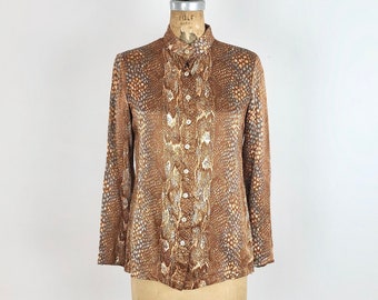 1970s Anne Klein Brown Snakeskin Print Satin Blouse S
