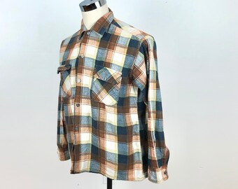 1960s Brown Plaid Cotton Flannel L