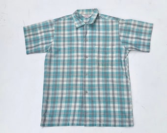 1950s Dan River Blue Check Cotton Short Sleeve Loop Collar Shirt S