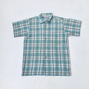 1950s Dan River Blue Check Cotton Short Sleeve Loop Collar Shirt S