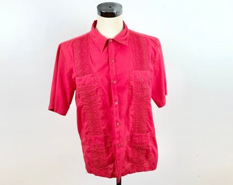 1980s Bright Red Guayabera Shirt L