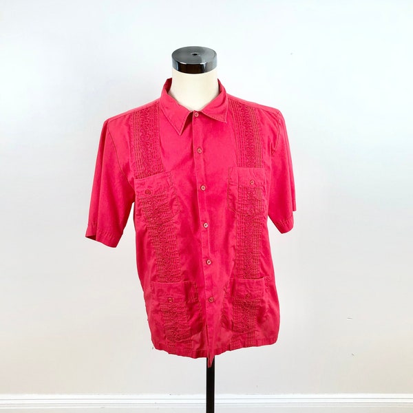 1980s Bright Red Guayabera Shirt L