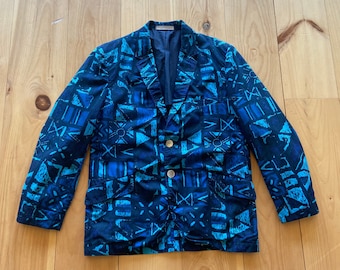 1960s Sandwich Isles Abstract Blue Print Cotton Suit Jacket S