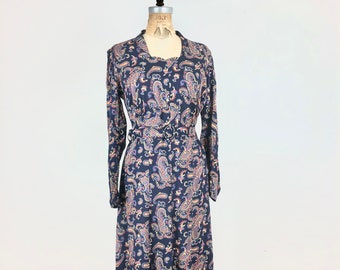 1930s Navy Blue Paisley Cotton Belted Dress M