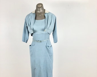 1950s Blue Linen Polka Dot Cotton Wiggle Dress Set XS