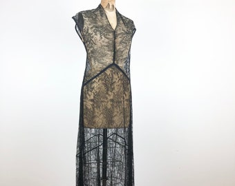 1930s Sheer Black Lace Beaded Maxi Dress S