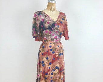 1970s Two Tone Flutter Sleeve Wrap Front Floral Rayon Dress S