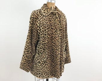 1960s Leopard Faux Fur Velveteen Swing Coat M