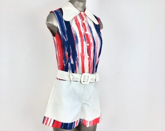 1960s Red White Blue Belted Romper Playsuit S