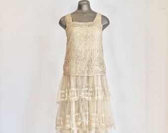 Sweetest 1920s Embroidered Net Tiered Tea Dress S