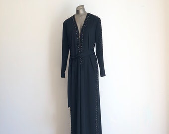 INCREDIBLE 1970s Gold Studded Black Zip Front Jumpsuit M