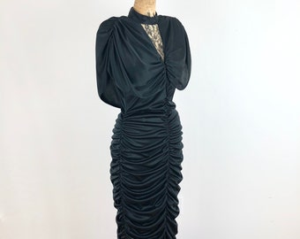 HOT! 1970s Black Ruched Body Con Lace Dress S