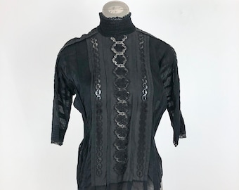 1970s Edwardian Style Black Eyelet Lace Cotton Blouse S