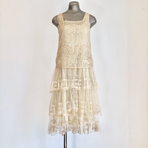 Sweetest 1920s Embroidered Net Tiered Tea Dress S