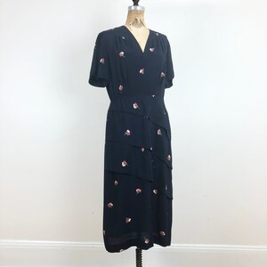 1940s Navy Floral Rayon Tiered Short Sleeve Dress M