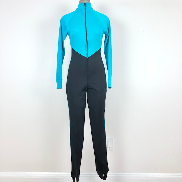 1980s Turquoise and Black Stirrup Spandex Catsuit M