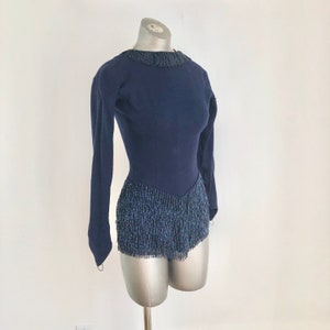 1940s Navy Wool Jersey Beaded Fringe Ice Skating Leotard S