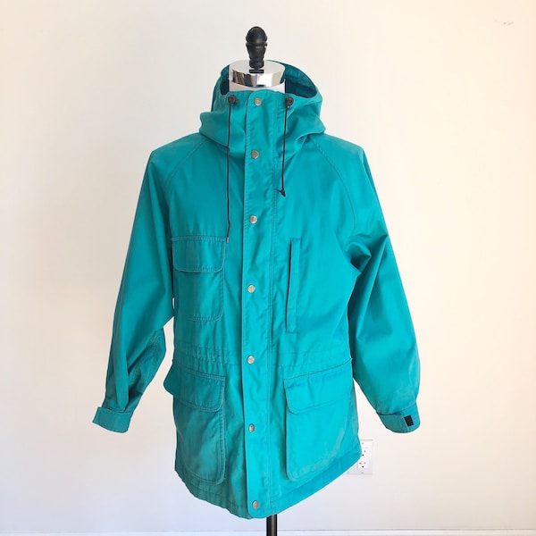 1980s Eddie Bauer Turquoise Hooded All Weather Jacket M