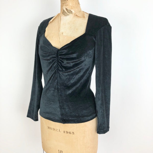 1980s Betsey Johnson Punk Label Black Crushed Velvet Top M