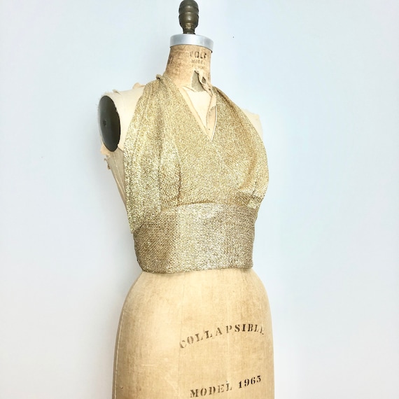 1970s Glam Gold Lurex Halter Top S