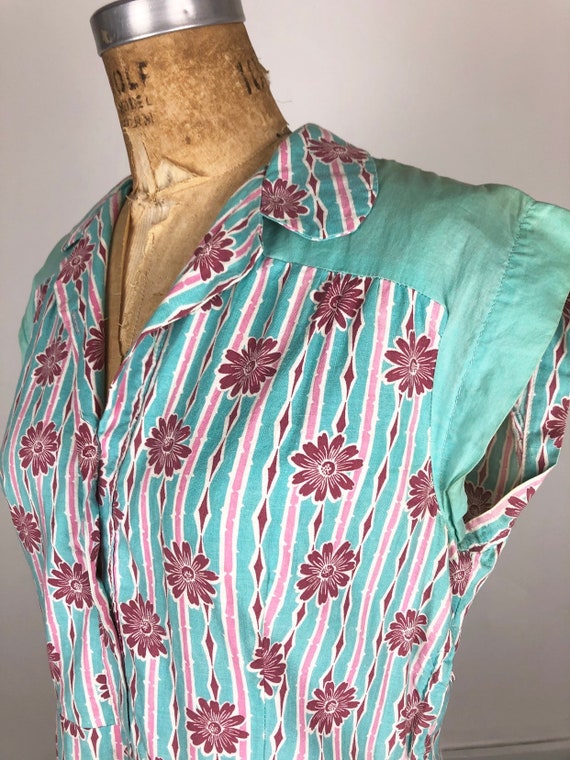 SWEETEST 1930’s Teal and Pink Floral Cotton Shirt… - image 4