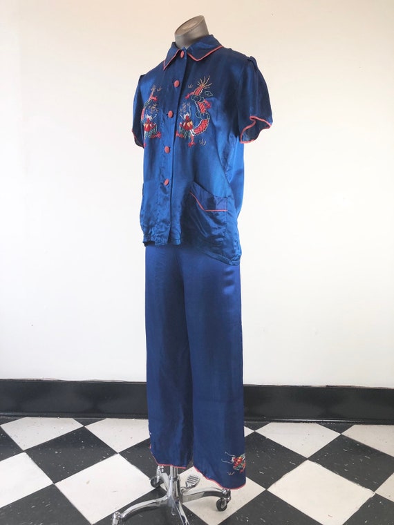 1930’s Blue Silk Dragon Embroidered Pajamas S M