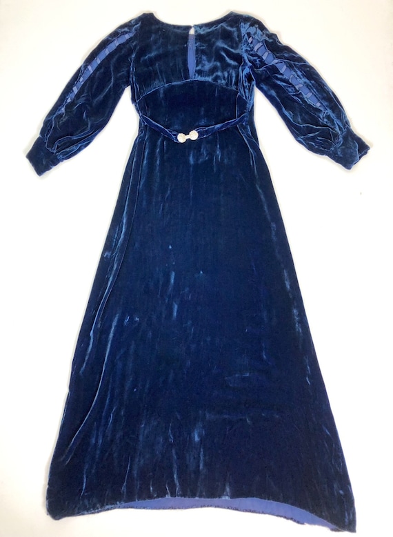 1930s Blue Silk Velvet Belted Art Deco Gown W/ In… - image 1