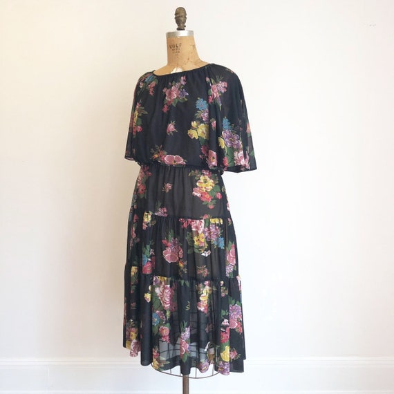 1970’s Black Sheer Floral Flutter Sleeve Dress M
