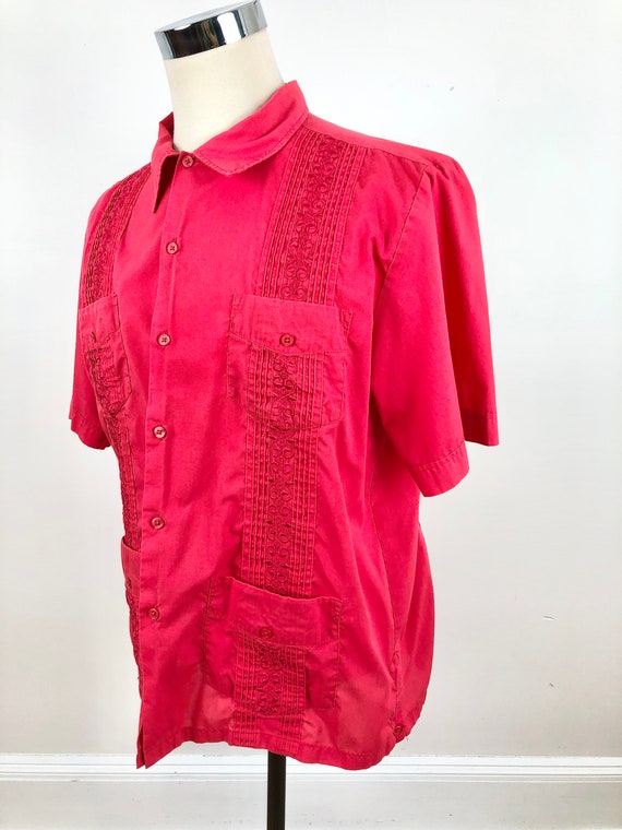 1980s Bright Red Guayabera Shirt L - image 3